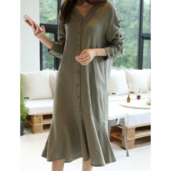 JustFashionNow Dresses & Skirts - NWT Army Green Linen Shirt Dress